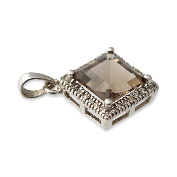 Estate Smoky Quartz Sterling Silver Pendant White Topaz Halo Square Step Cut - Picture 2 of 5